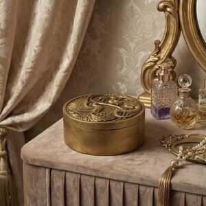 May include: A gold-colored round box with an ornate phoenix design on the lid sits on a velvet-covered surface. The box is next to perfume bottles and a decorative mirror. The background includes a patterned curtain.