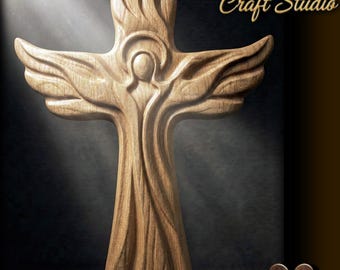 May include: A wooden cross with an angel design, featuring carved wings and flowing details. The cross is made of light brown wood and has the text "Design by Fortuna Craft Studio" and "STL FILE".