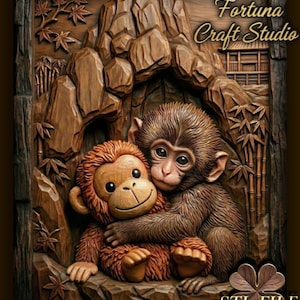 May include: A detailed wooden carving of two monkeys embracing, set within a naturalistic frame. The carving features intricate details of fur, rocks, and bamboo. The text "Design by Fortuna Craft Studio" and "STL FILE" are visible.