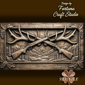 交差したライフルと枝角の3Dレリーフ – CNC＆3Dプリント用STLファイル。狩猟用ウォールアート。