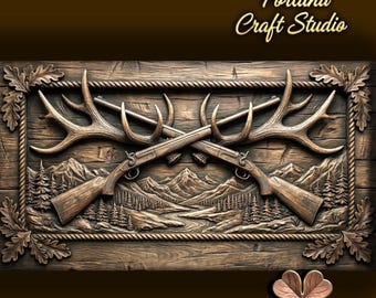 Crossed Rifles and Antlers 3D Relief – STL File for CNC & 3D Printing. Hunting Wall Art.