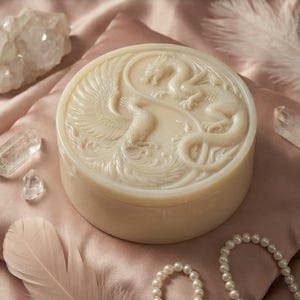 May include: A round, off-white box with a carved design of a dragon and phoenix. The box is set on a pink satin surface, with crystals and a feather nearby. The box has a lid and a base.