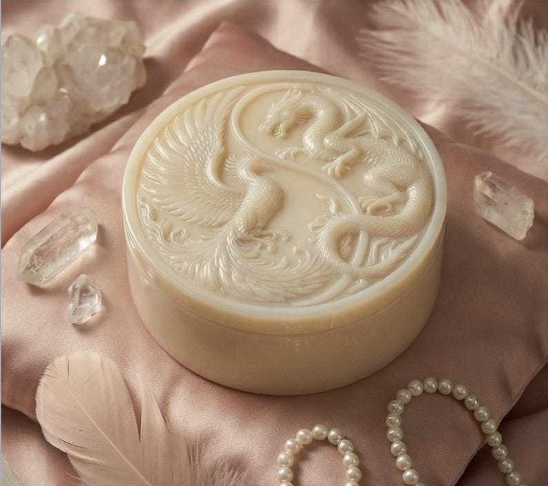 May include: A round, off-white box with a carved design of a dragon and phoenix. The box is set on a pink satin surface, with crystals and a feather nearby. The box has a lid and a base.