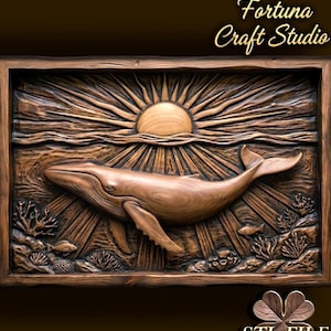 Relief 3D wieloryba – plik STL do CNC i druku 3D. Oceaniczna dekoracja ścienna.