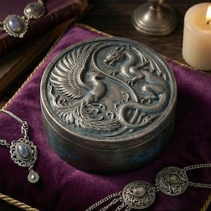 May include: A round, silver-toned box with a detailed relief design of a phoenix and a dragon facing each other. The box sits on a purple velvet surface, with a lit candle and jewelry nearby. The box has a distressed, antique finish.