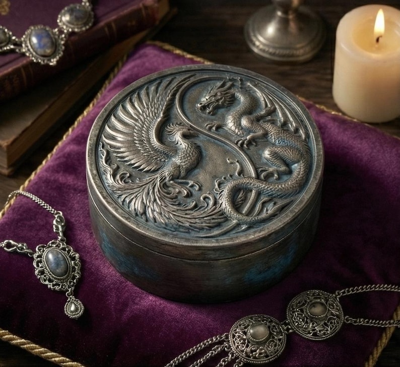 May include: A round, silver-toned box with a detailed relief design of a phoenix and a dragon facing each other. The box sits on a purple velvet surface, with a lit candle and jewelry nearby. The box has a distressed, antique finish.