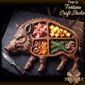 May include: A wooden serving board shaped like a wild boar with four internal compartments containing prosciutto, cubed cheese, almonds, dried apricots, rosemary sprigs, and dried figs. A small knife with a wooden handle lies next to the board.