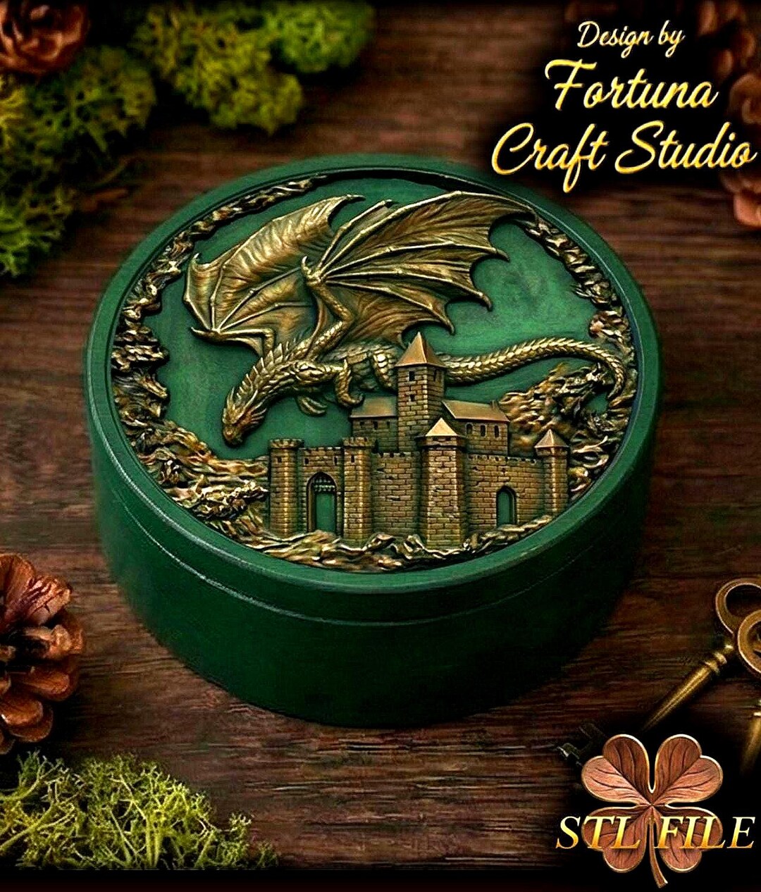 Mythical Container Pattern Dragon and Castle Round Trinket Box STL- 3D Printable Jewelry Case ...