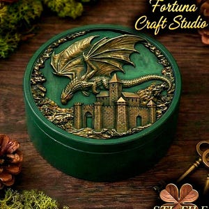 Caja de baratijas redonda con dragón y castillo (STL) - Estuche para joyas imprimible en 3D - Contenedor de recuerdos mítico - Archivos de impresión 3D DIY