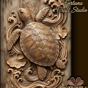 May include: A detailed wooden carving of a sea turtle with swirling water and lily pads. The design is in shades of brown and tan, with the text "Design by Fortuna Craft Studio" and "STL FILE".