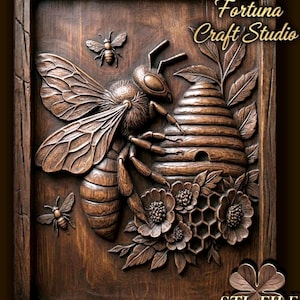 May include: A detailed wooden relief carving featuring a large bee, honeycomb, flowers, and a beehive. The artwork is framed and includes the text "Design by Fortuna Craft Studio" and "STL FILE". The relief is in shades of brown.
