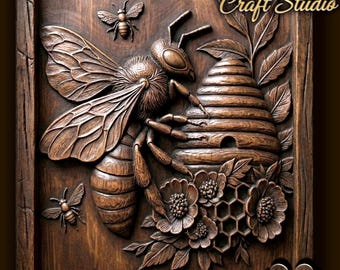 May include: A detailed wooden relief carving featuring a large bee, honeycomb, flowers, and a beehive. The artwork is framed and includes the text "Design by Fortuna Craft Studio" and "STL FILE". The relief is in shades of brown.
