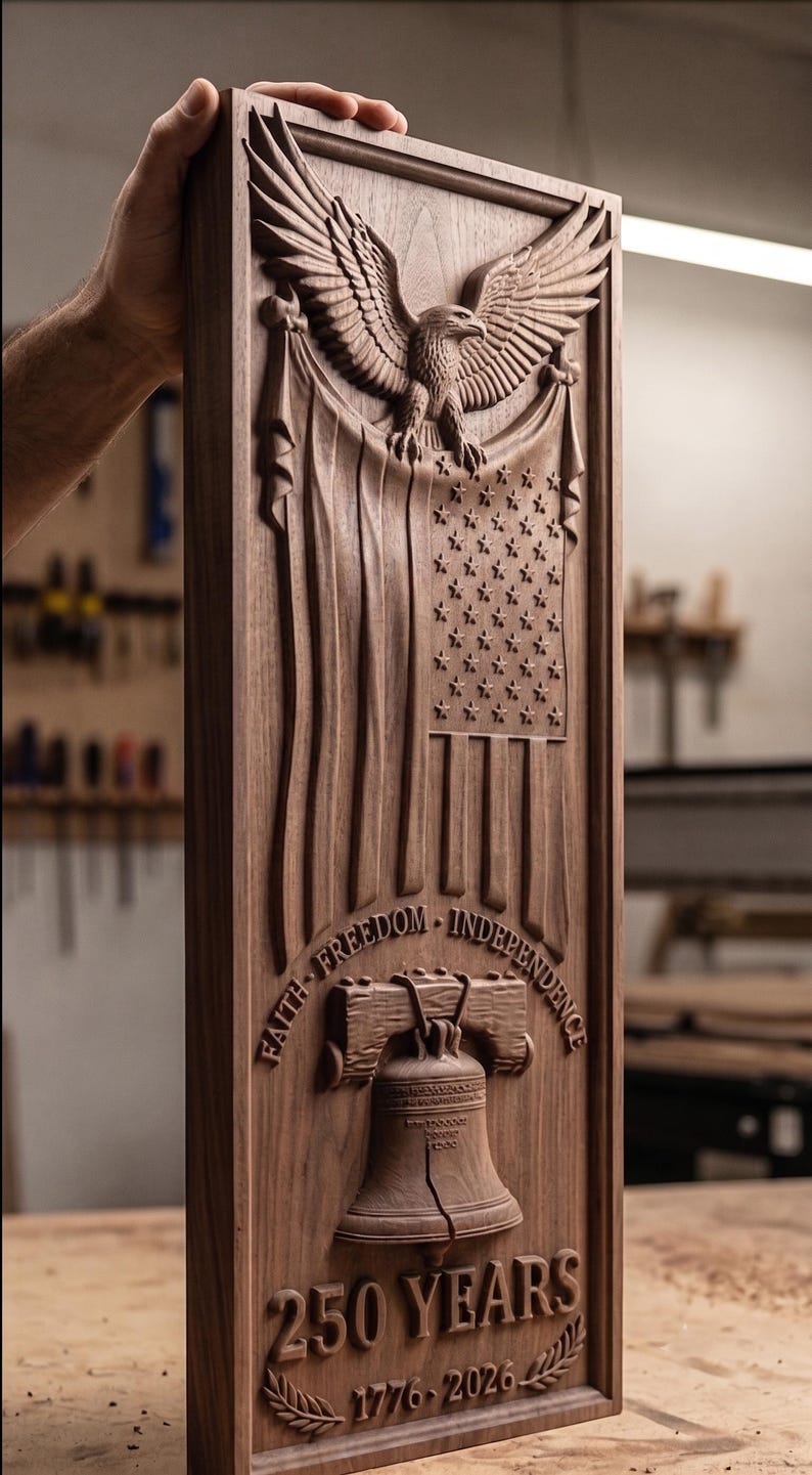 May include: A rectangular dark wood plaque featuring a relief carving of an eagle perched atop a draped American flag. Below, a Liberty Bell is carved with the text FAITH FREEDOM INDEPENDENCE, 250 YEARS, and the dates 1776-2026 at the bottom.