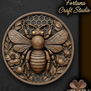 May include: A detailed, brown, circular relief sculpture of a bee, surrounded by flowers and leaves, set against a honeycomb pattern. The design is labeled "Design by Fortuna Craft Studio" and "STL FILE".