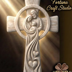 Croce della Sacra Famiglia in rilievo 3D - File STL per CNC e stampa 3D. Arte murale religiosa