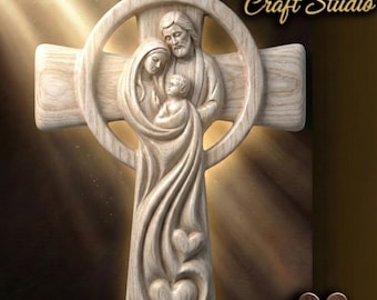 Holy Family Cross 3D Relief – STL File for CNC & 3D Printing. Religious Wall Art