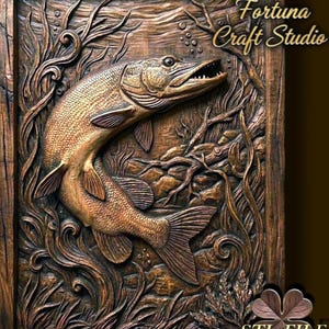 May include: A detailed, carved wooden relief depicting a fish in a watery environment. The fish is bronze-colored with open mouth and sharp teeth. The background includes aquatic plants and the text "Design by Fortuna Craft Studio" and "STL FILE".