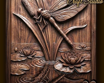 Dragonfly on the river 3D Relief – STL File for CNC & 3D Printing. Wildlife Wall Art.