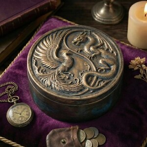 May include: A round, bronze-colored box with a detailed relief of a phoenix and dragon in a yin-yang design. The box sits on a purple velvet surface, with a pocket watch and coins nearby. A lit candle and a book are in the background.