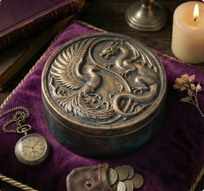 Mythical Container Pattern Dragon and Phoenix Round Trinket Box STL- 3D Printable Jewelry Case ...