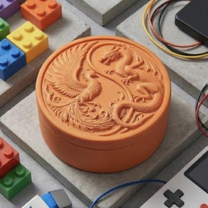 May include: An orange round box with a detailed relief carving of a phoenix and a dragon. The box is surrounded by colorful toy blocks and electronic components, suggesting a theme of creativity and technology.
