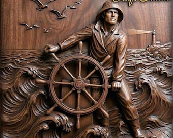 Fisherman at the Wheel 3D Relief – STL File for CNC & 3D Printing. Sea Wall Art.