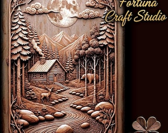 Cabin in the woods 3D Relief – STL File for CNC & 3D Printing. Wildlife Wall Art.