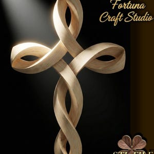 May include: A wooden cross sculpture with a flowing, intertwined design. The cross is made of light-colored wood and features a unique, artistic form. The text "Design by Fortuna Craft Studio" and "STL FILE" are visible.