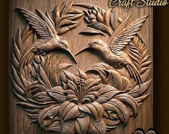 Hummingbirds 3D Relief – STL File for CNC & 3D Printing. Floral Wall Art.