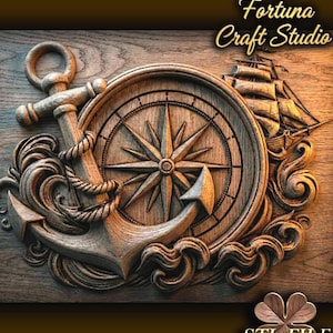Anchor and Compass 3D Relief – STL File for CNC & 3D Printing. Ocean Wall Art.