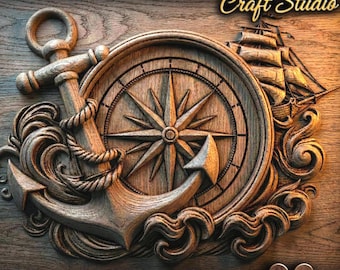 Anchor and Compass 3D Relief – STL File for CNC & 3D Printing. Ocean Wall Art.