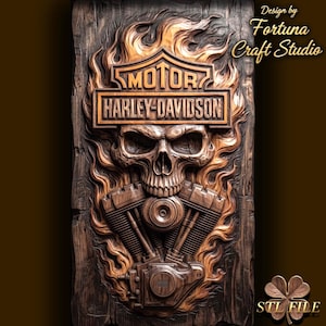 May include: A dark wood wall plaque featuring a carved Harley-Davidson logo with a central skull and V-twin engine design surrounded by flames. The text reads "MOTOR" and "HARLEY-DAVIDSON" in a bold, raised font, with "Design by Fortuna Craft Studio" above.