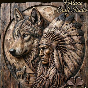 Varg och amerikansk indianhövding 3D-relief – STL-fil för CNC- och 3D-utskrift. Väggkonst med vilda djur.