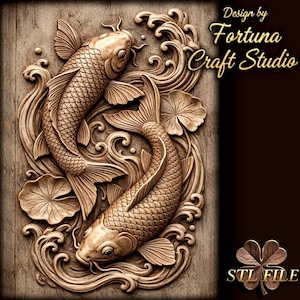 Koi fish 3D Relief - Fichier STL pour impression CNC et 3D. Art mural animalier.