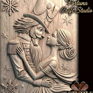 May include: A wooden relief carving of a Nutcracker and a woman in a romantic embrace. The artwork features intricate details, including snowflakes and the text "Design by Fortuna Craft Studio" and "STL FILE". The carving is in shades of brown.