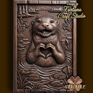 May include: A rectangular brown wooden wall plaque featuring a relief carving of an otter in water, with its paws forming a heart shape. The background shows water ripples, lily pads, and trees. Text reads Design by Fortuna Craft Studio.