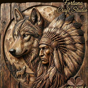 Puede incluir: Tallado en madera detallado que representa un lobo y un jefe nativo americano. El lobo y el jefe se encuentran frente a un fondo de luna llena. El tallado incluye el texto "Design by Fortuna Craft Studio" y "STL FILE".