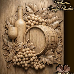 Wine barrel and grapes 3D Relief – STL File for CNC & 3D Printing. Farmhouse Wall Art.