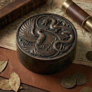 May include: A round, bronze-colored box with a detailed relief of a dragon and phoenix. The box is on a map with a telescope and coins nearby. The box has a lid and a circular shape.