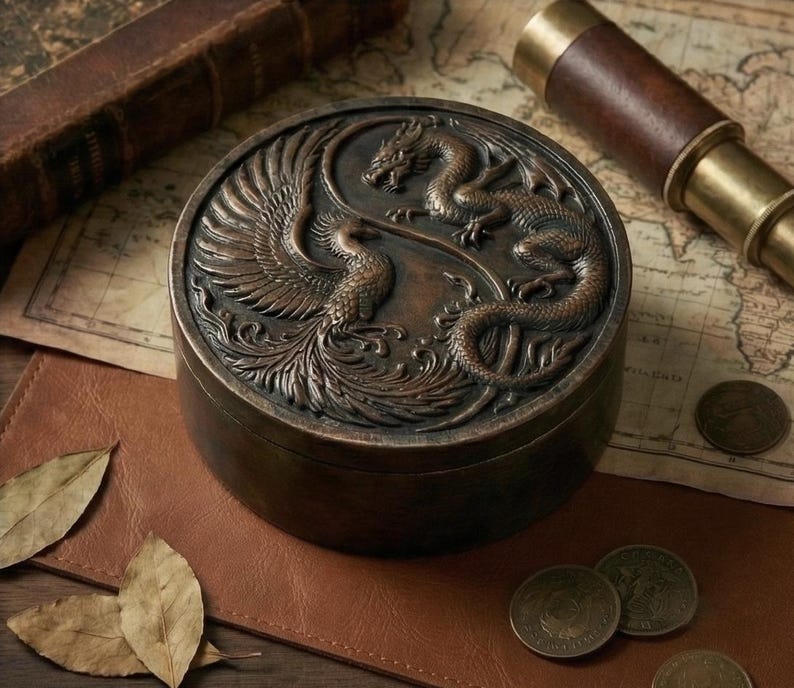 Mythical Container Pattern Dragon and Phoenix Round Trinket Box STL- 3D Printable Jewelry Case ...
