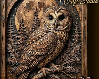 May include: A detailed wooden carving of an owl perched on a branch, set against a backdrop of a full moon and pine trees. The artwork is framed within a rustic wooden border, with the text "Design by Fortuna Craft Studio" and "STL FILE".