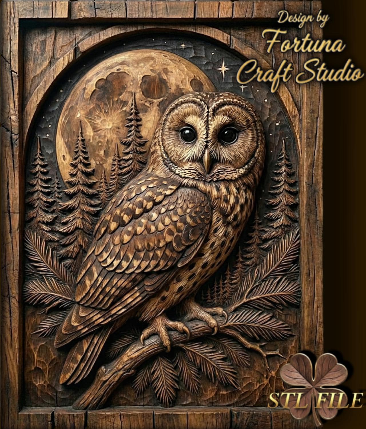 Owl and moon 3D Relief – STL File for CNC & 3D Printing. Wildlife Wall Art.