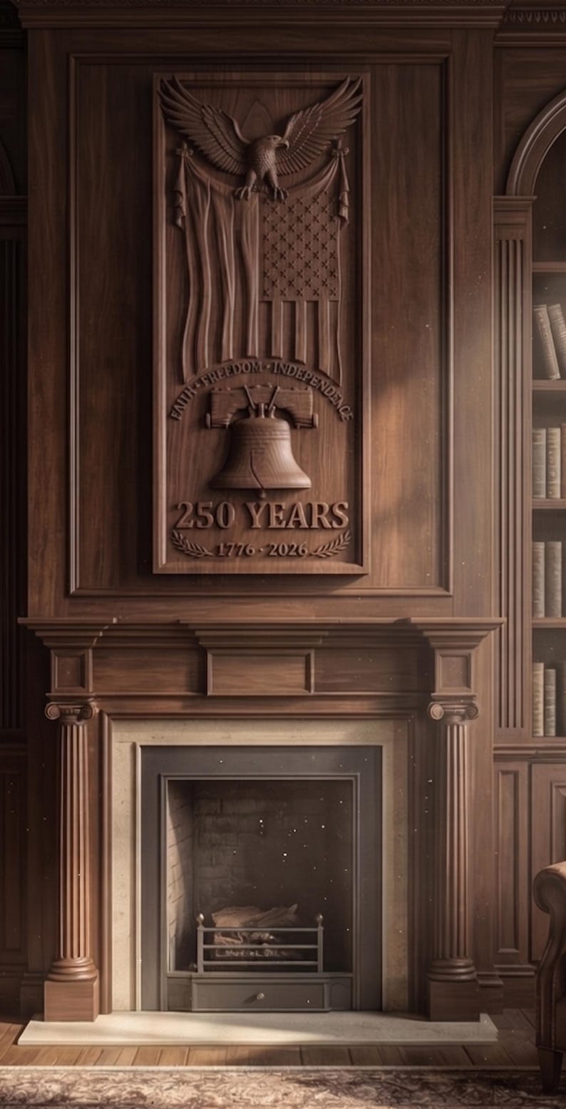 May include: A rectangular wooden wall plaque featuring a carved eagle, an American flag, and the Liberty Bell. The text reads FAITH FREEDOM INDEPENDENCE, 250 YEARS, and 1776-2026. The plaque is mounted above a fireplace with a dark wood mantel and columns.