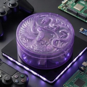 May include: A purple, round container with a detailed dragon and phoenix design on the lid. The container sits on a black base with purple LED lighting. Two black game controllers and circuit boards are in the background.