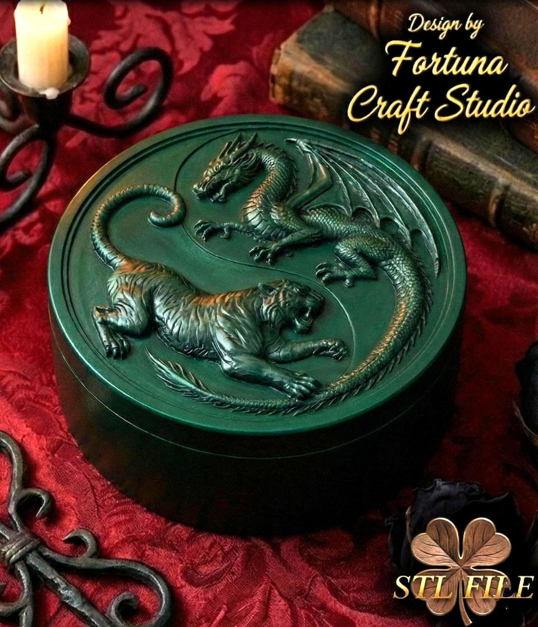 Mythical Container Pattern Dragon and Tiger Round Trinket Box STL- 3D Printable Jewelry Case ...