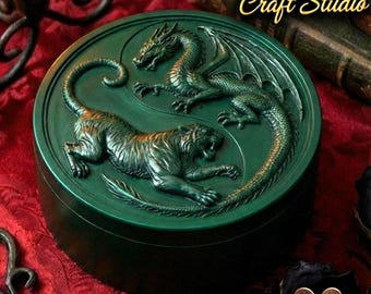 Dragon and Tiger Round Trinket Box STL- 3D Printable Jewelry Case - Mythical Keepsake Container - DIY 3D Print Files