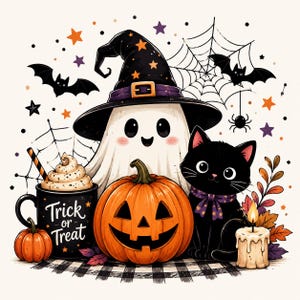 Könnte beinhalten: Ein weißes Gespenst mit einem schwarzen Hexenhut mit orangefarbenen Sternen, eine schwarze Tasse mit der Aufschrift Trick or Treat, ein Kürbis, eine schwarze Katze mit violetter Schleife, eine brennende Kerze, Spinnweben, Fledermäuse und bunte Sterne auf weißem Hintergrund.