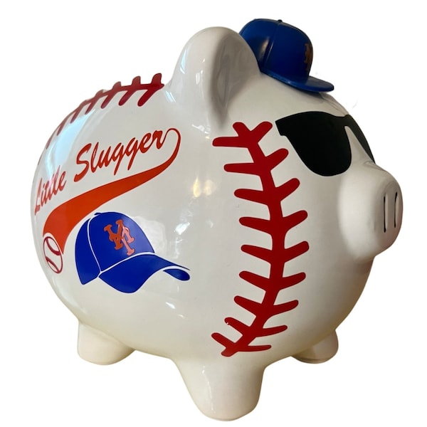 NY METS Themed Little Slugger Personalized Baseball Piggy Bank . Nursery, Boys or girls room, Baptism, Birthday, Ring Bearer, Little Leaguer