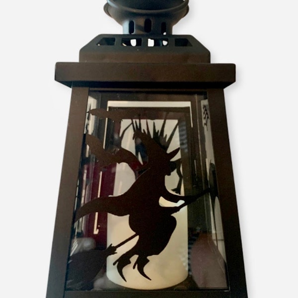 HALLOWEEN SPOOKY Black Metal Lantern, with attached LED candle.  Witch, bats, black cats, scary tree