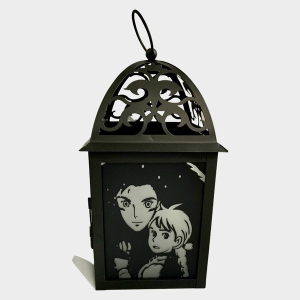 STUDIO GHIBLI Howls Moving Castle Silhouette Black Lantern with Frosted Glass and Optional LED 3” Candle, featuring Howl, Sophia, Calcifer